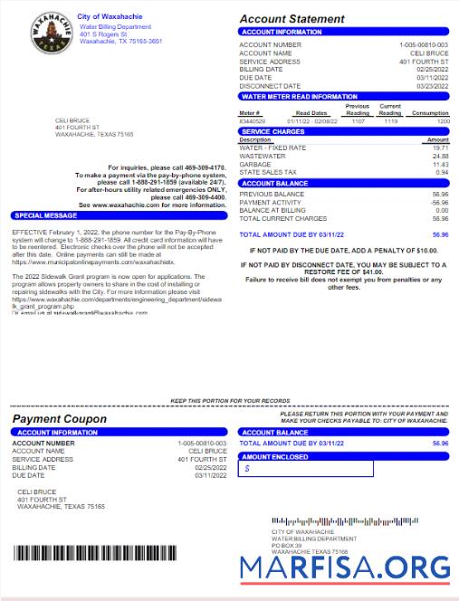 Blank USA CITY OF WAXAHACHIE utility bill Word and PDF template